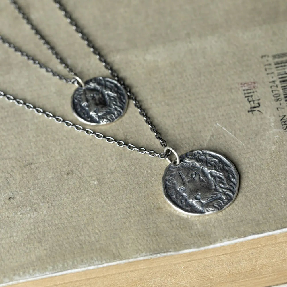 MKENDN Punk Style 100% 925 Sterling Silver Creative Retro Lion Head Coin Pendant Necklace Men Women King Jewelry