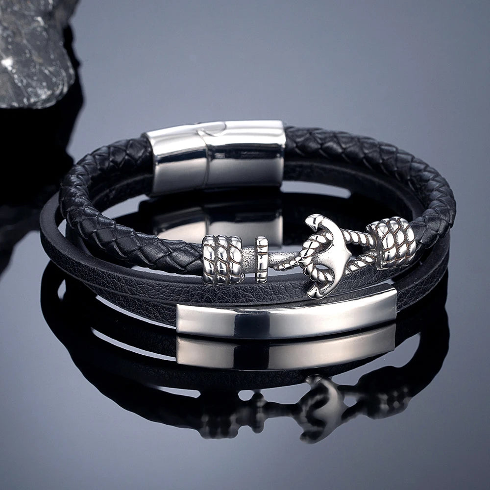 Bracelet MKENDN Classique Homme Ancre, Bracelet en Cuir Tressé Multi-couches, Bracelet Femme en Acier Inoxydable, Bijou de style marin, Cadeau