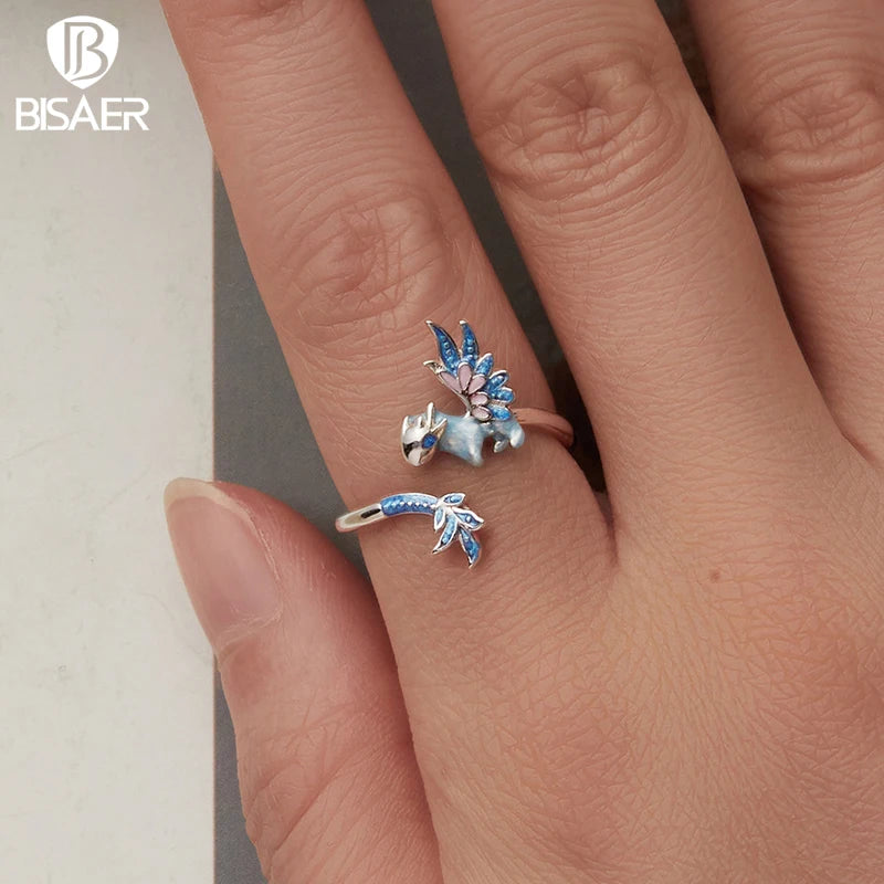 BISAER 925 Sterling Silver Flying Dragon Open Ring Blue Enamel Band Plated White Gold for Women Party Original Fine Jewelry