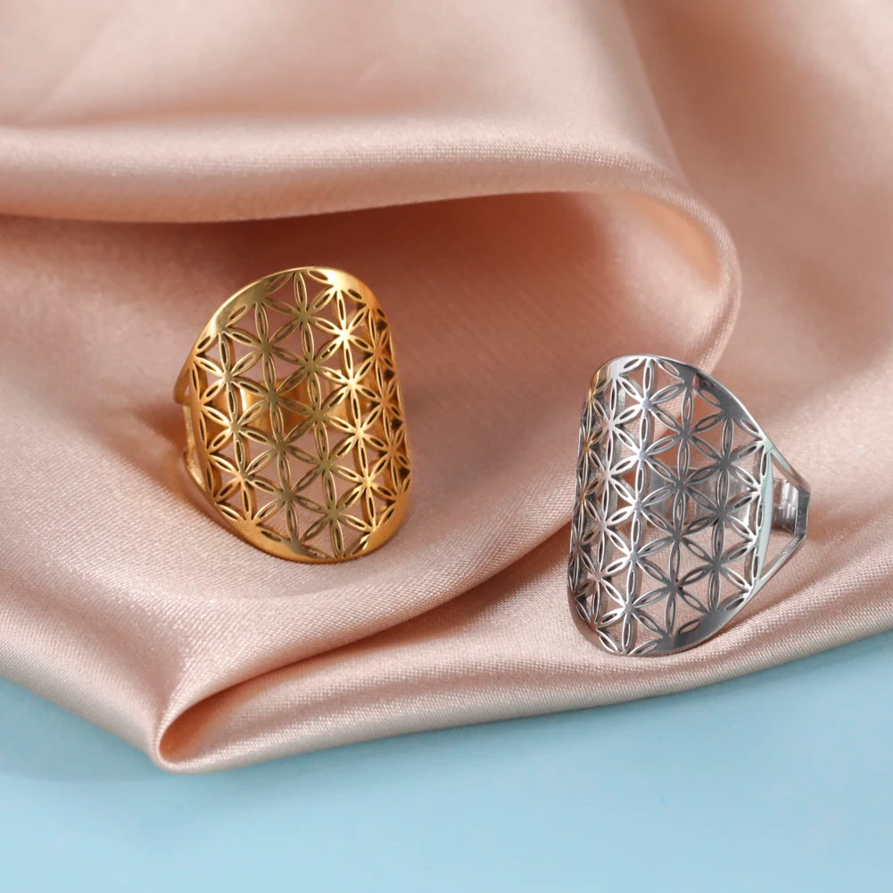 Unift Scared Geometry Flower of Life Ring Adjustable Stainless Steel Ring Men Women Accessories Vintage Filigree Viking Jewelry - Madeinsea©