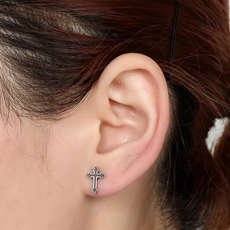 MKENDN Minimalist Men Women Punk Retro 925 Sterling Silver Gothic Cross Stud Earrings Street Hip Hop Ear Jewelry Gifts