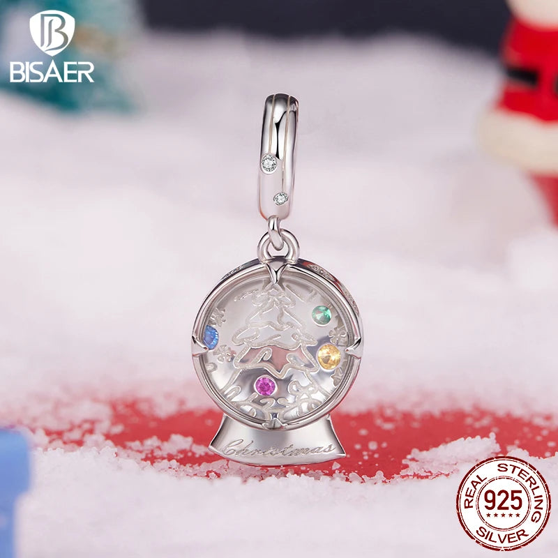 BISAER 925 Sterling Silver Christmas Series Charm Bead Crystal Ball Snowman Apple Safety Chain Fit Women DIY Bracelet Jewelry
