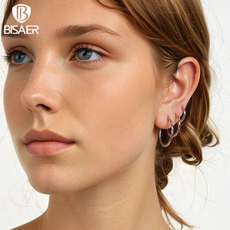 BISAER 925 Sterling Silver Frost Classic Circle Big Hoop Earrings Hypoallergenic Trendy for European Style Woman Fine Jewelry