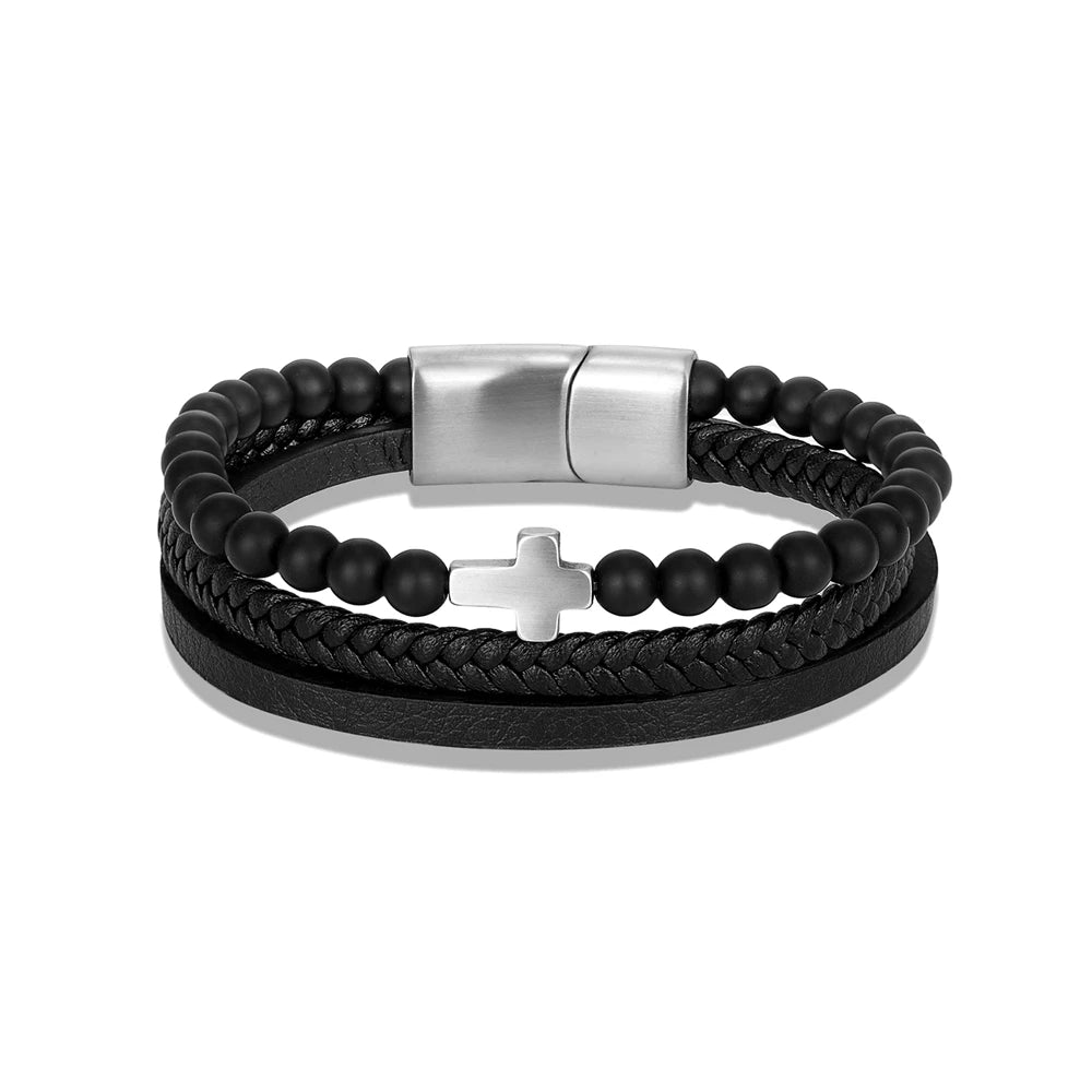 MKENDN Punk Men Cross Bracelet Multilayer Braid Leather Natural Stone Beaded Bracelet Stainless Steel Magnetic Clasp Bangle Gift