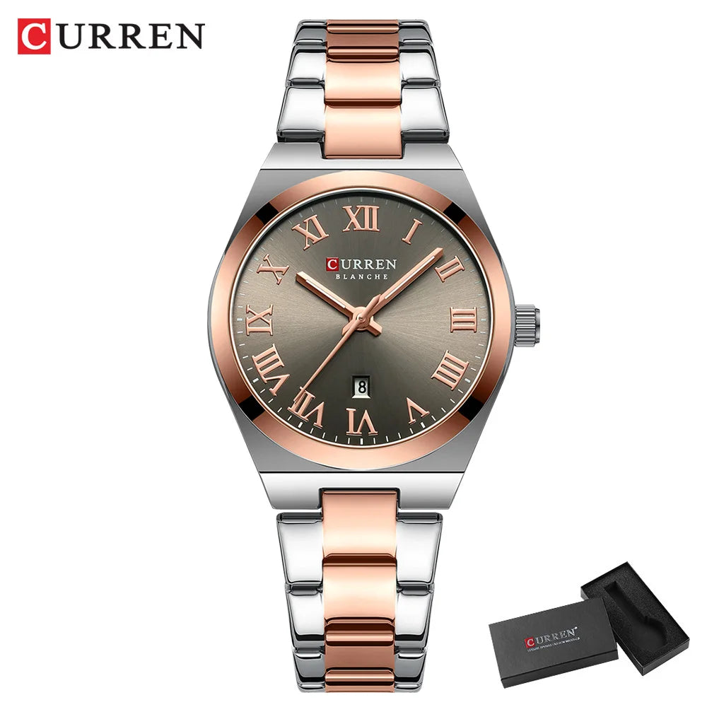 CURREN Fashionable Quartz Watches for Women Roman Numerals Simple Elegant Stainless Steel Braclete Ladies Wristwatch