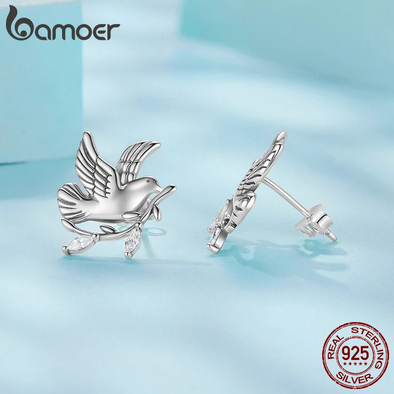BAMOER 925 Sterling Silver Dove of Peace Stud Earrings Oxidized Bird For Peace Earrings with Push Back Women Girls Daily Jewelry