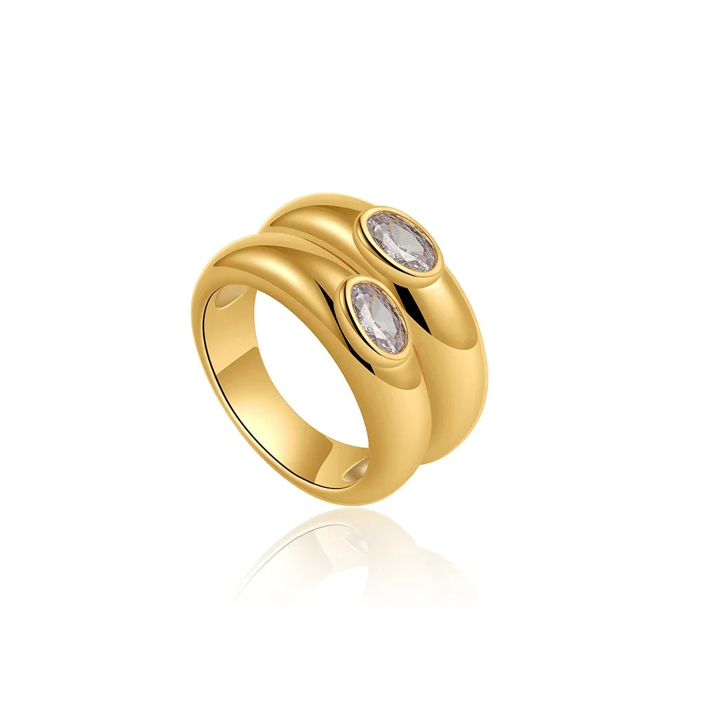 Vintage Double Round Circle Polished Gold Plated Zircon Knuckle Ring Anti Allergic Metal Stainless Steel Teardrop Crystal Rings