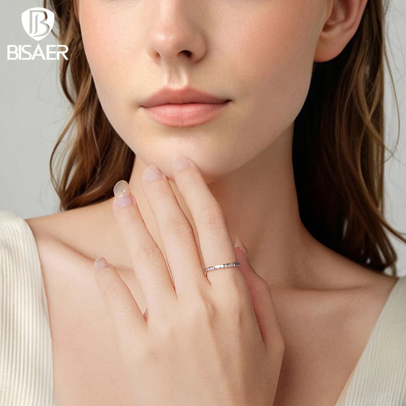 BISAER 925 Sterling Silver ‘I Love You’ Morse Code Ring Tiny Stackable Eternity Band for Women Wedding Fine Jewelry ECR1157