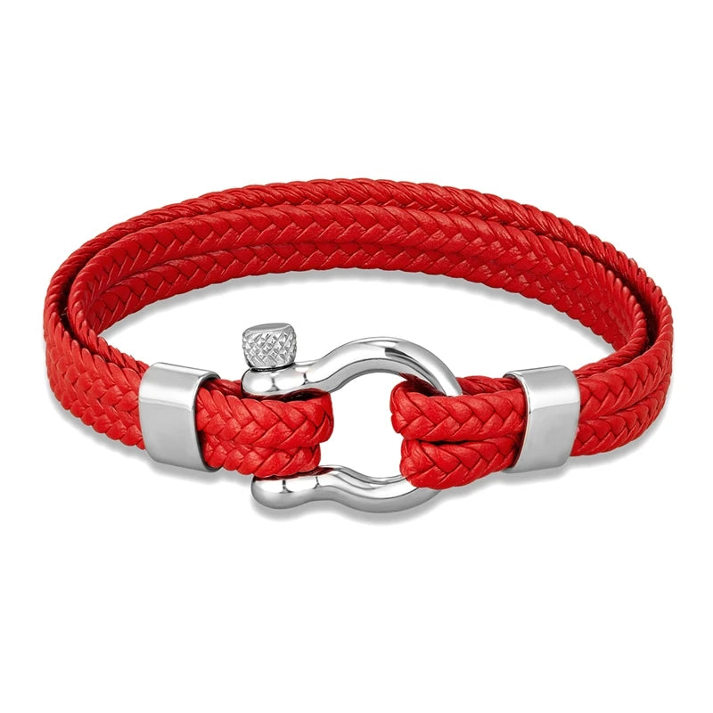 MKENDN Armband mit Schäkel in Bogenform, doppellagig gewebtes Lederarmband für Männer und Frauen, Edelstahl, Hufeisenverschluss mit Schraube