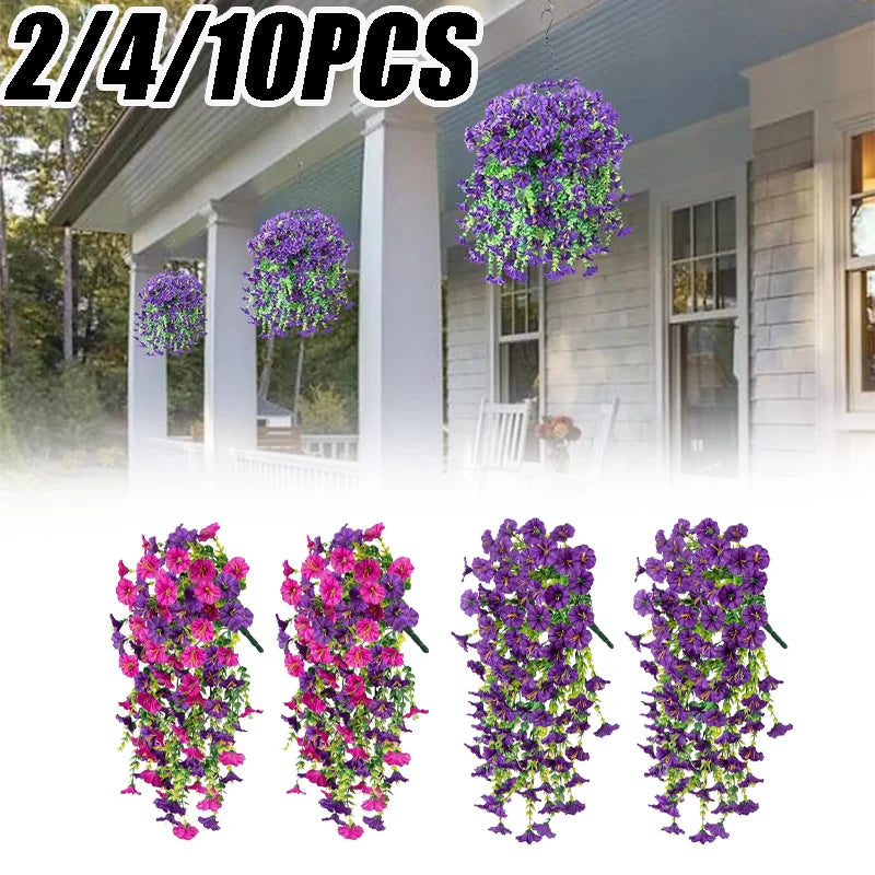 Artificial Hanging Flowers Plants Silk Morning Glory Flowers with Eucalyptus Leaves for Home Garden Porch Window Decoration