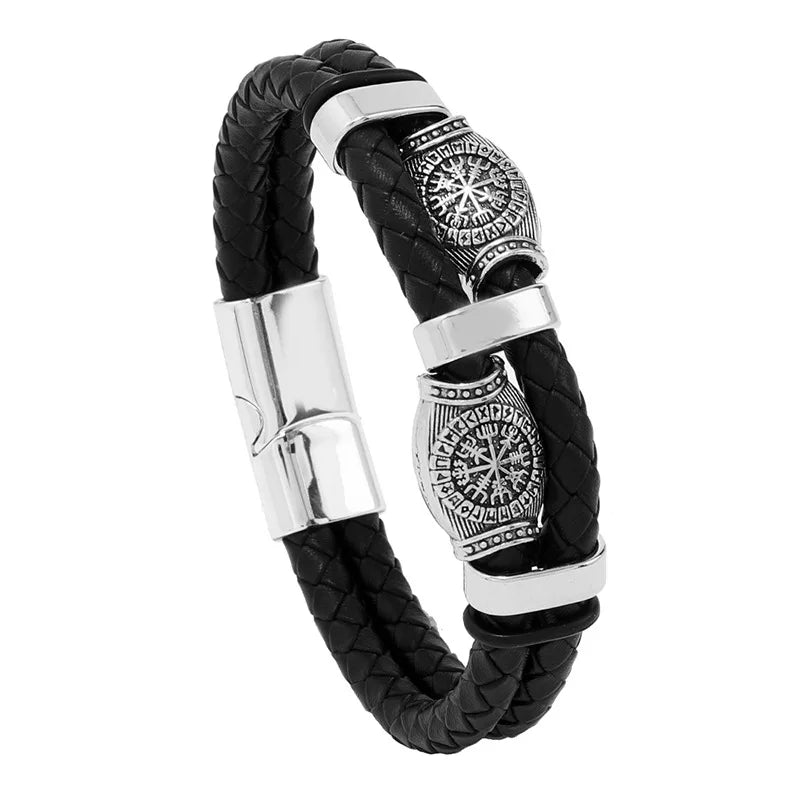 New Men's Leather Braided Bracelet Crack Pyramid Alloy Magnet Buckle Multilayer Leather Bracelet Bracelet