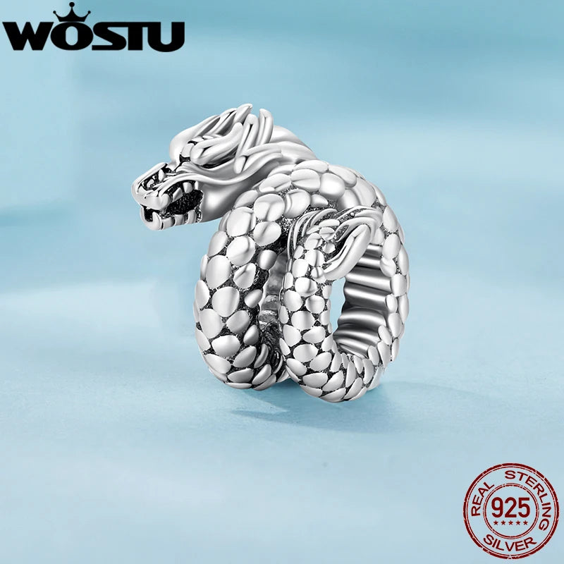 WOSTU 925 Sterling Silver Vinatge Dragon Charm Snake Bead Demon Eye Pendant Fit Original Bracelet Necklace For Women DIY Jewelry