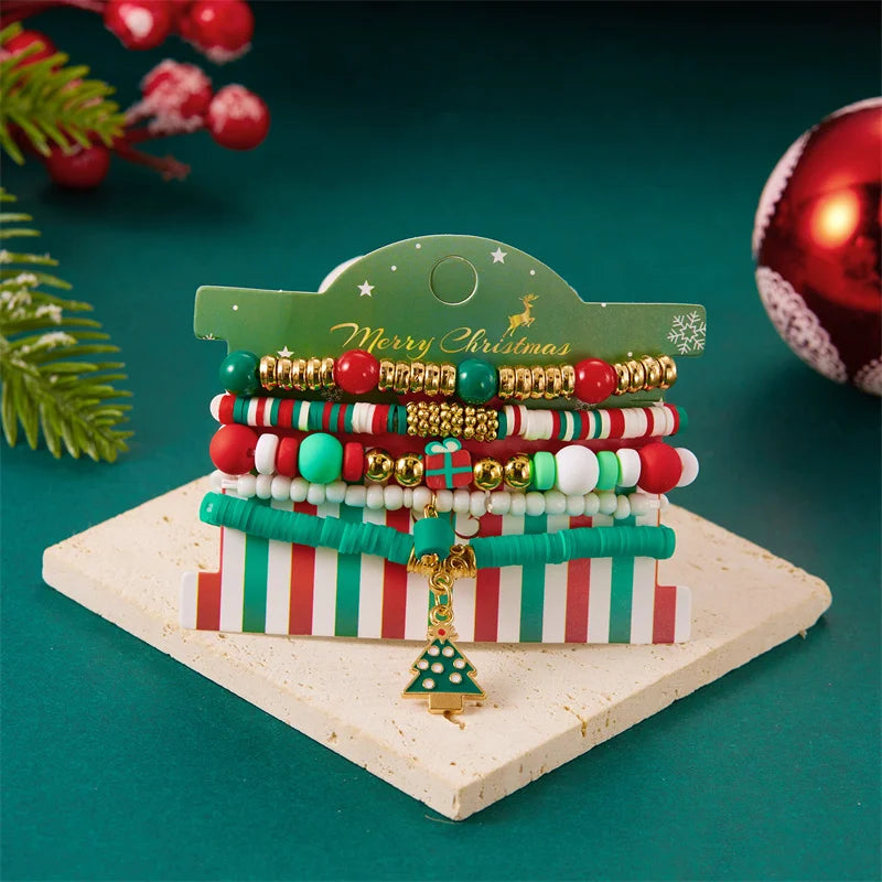 5Pcs Multilayer Beaded Bracelet Set For Women Multicolor Rice Beads Christmas Tree Santa Claus Snowman Bangle New Year Jewelry