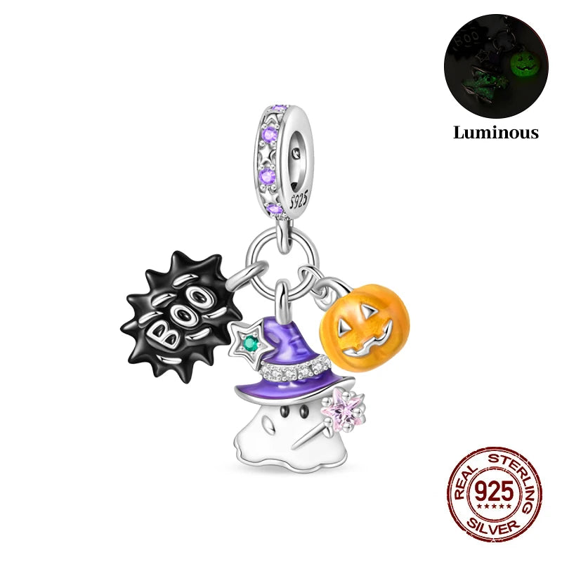 New 925 Sterling Silver Luminous Halloween Skull Witch Pumpkin Candy Charms Beads Fit 3mm Original Bracelets Party Jewelry
