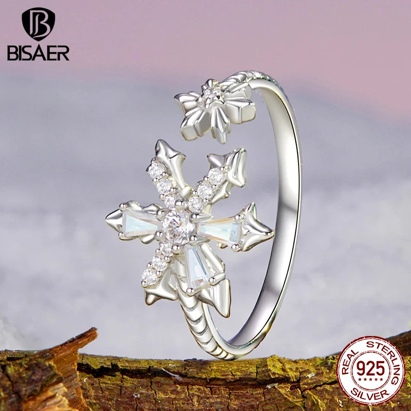 BISAER Bague ouverte en argent sterling 925 avec zircon scintillant et bande réglable plaquée or blanc pour femme