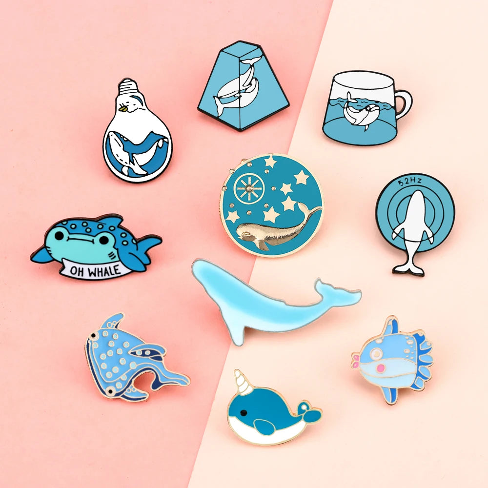 New Blue Marine Life Enamel Pins Cute Whale Dolphin Animal Brooches Women Men Lapel Pin Badges Jewelry Gift for Friend Wholesale