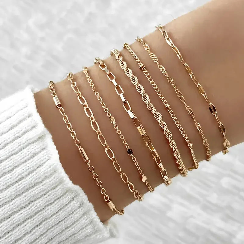 11Pcs/Set Boho Twist Chain Bracelets Set for Women Vintage Punk Gold Color Adjustable Cuban Link Bracelet Fashion Jewelry Gifts