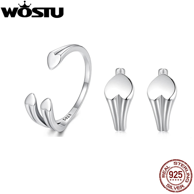 WOSTU 925 Sterling Silver Metal Love Heart Hoop Earrings Opening Ring For Women Engagement Jewelry Set Girl Bithday Jewelry Gift