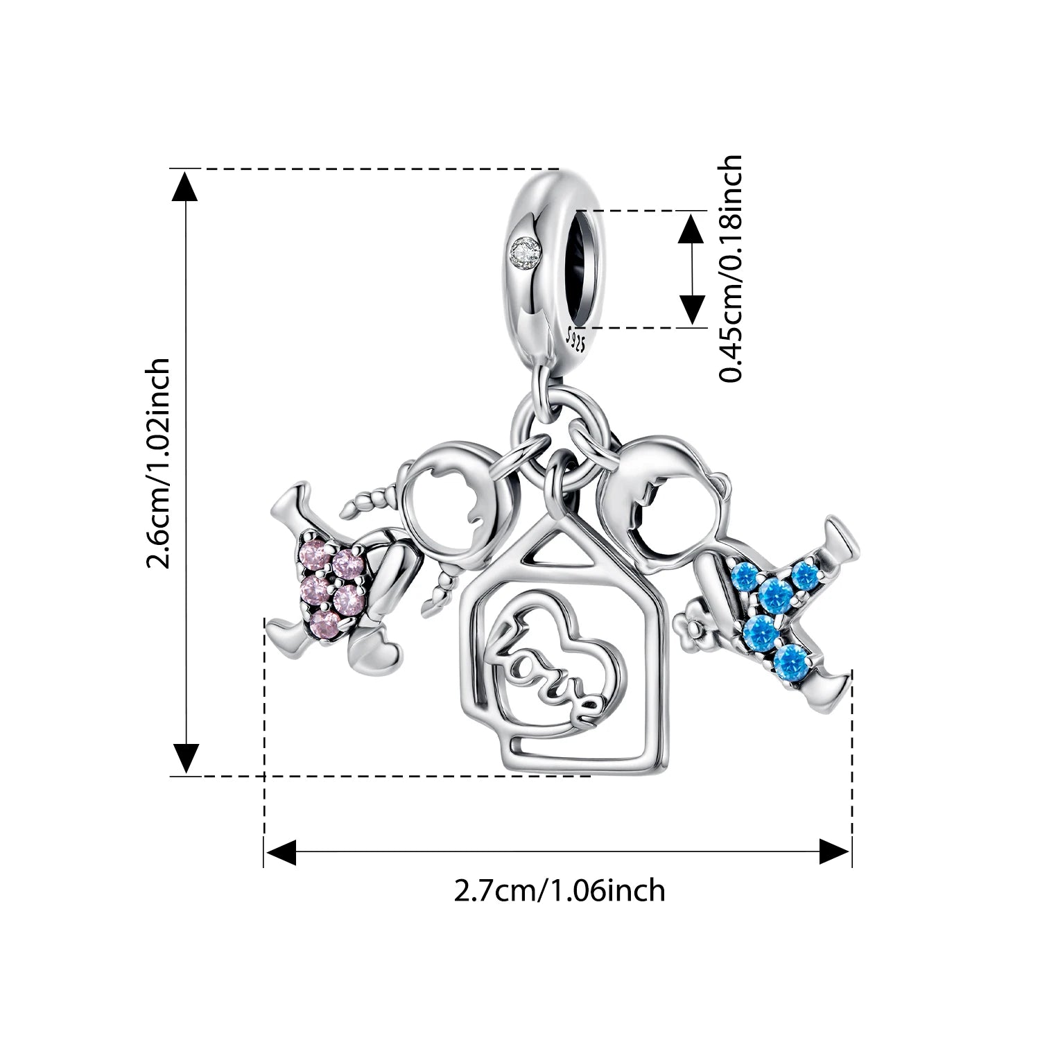 BISAER 925 Sterling Silver Family Charm Bead Boy & Girl Heart Zircon Pendant For Women Girl DIY Bracelet & Necklace Fine Jewelry