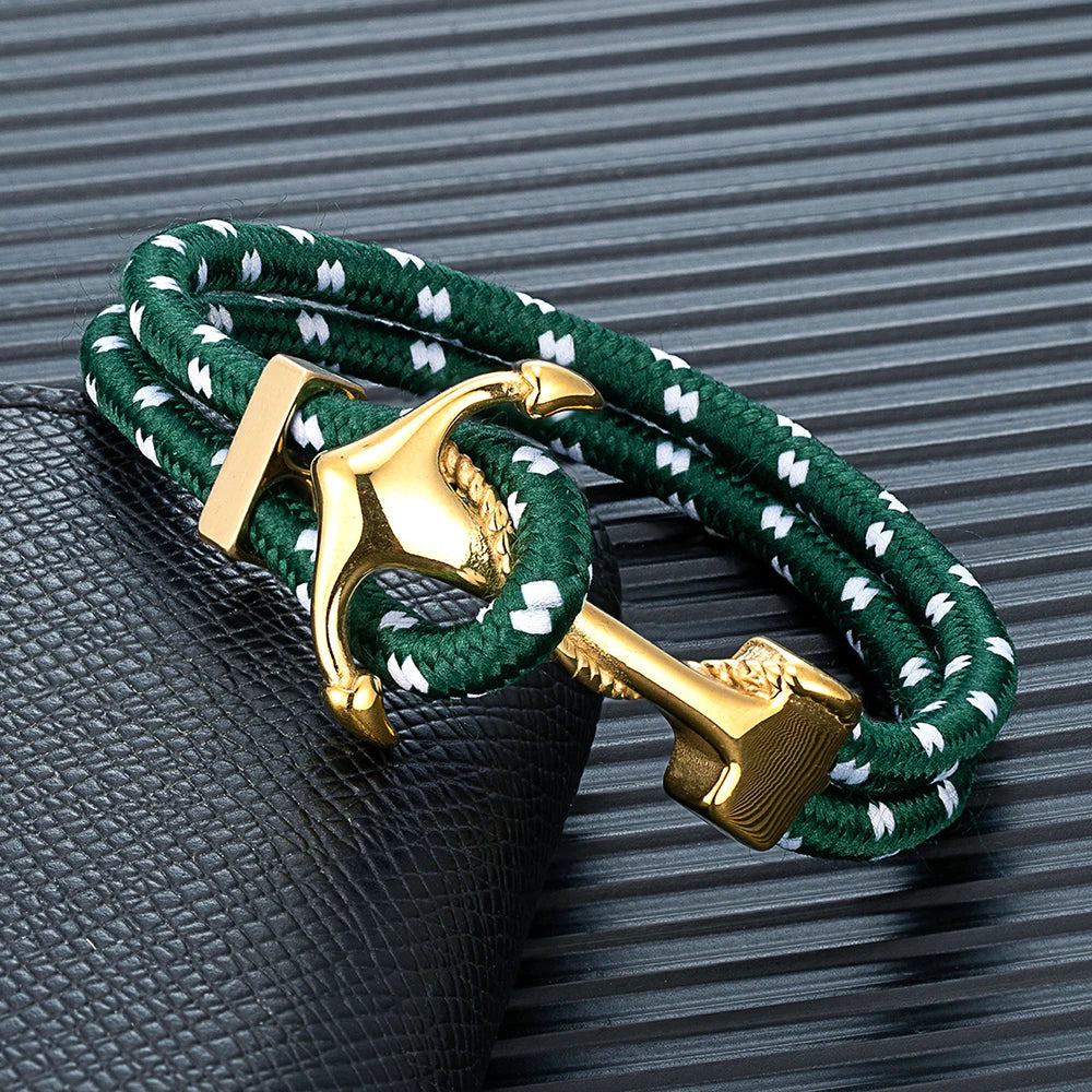 MKENDN Anker-Armbänder Herren Doppelsträngiges nautisches Surfer-Armband aus wasserdichtem Nylonseil Damen vergoldetes 316L Sport-Schließe