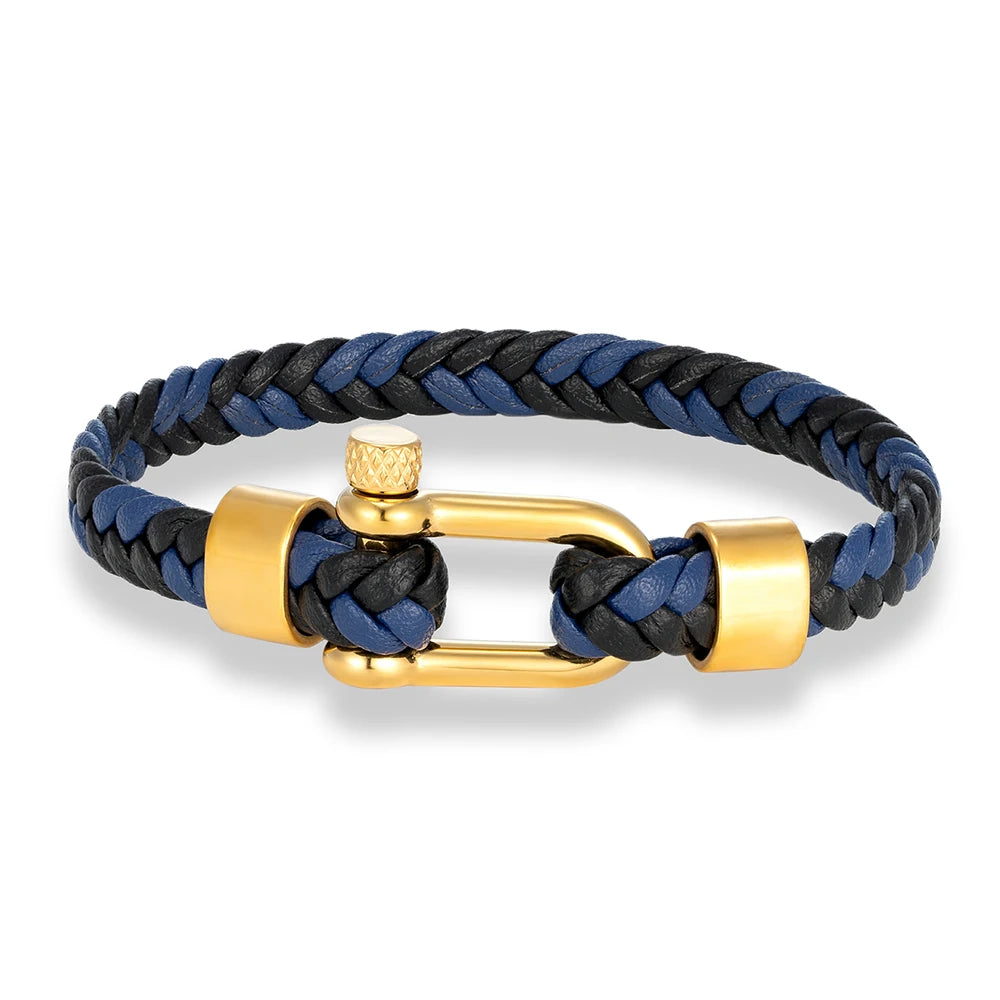 MKENDN Punk Gold Plated Stainless Steel U-shape Shackle Bucklae Bracelets Black Blue Braided Leather Bracelet Homme Pulseras