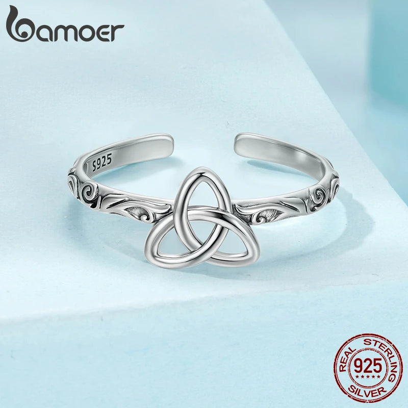 BAMOER 925 Sterling Silver Embossed Vintage Celtic Pattern Ring for Women Simple Silver Adjustable Ring Fine Jewelry Gift