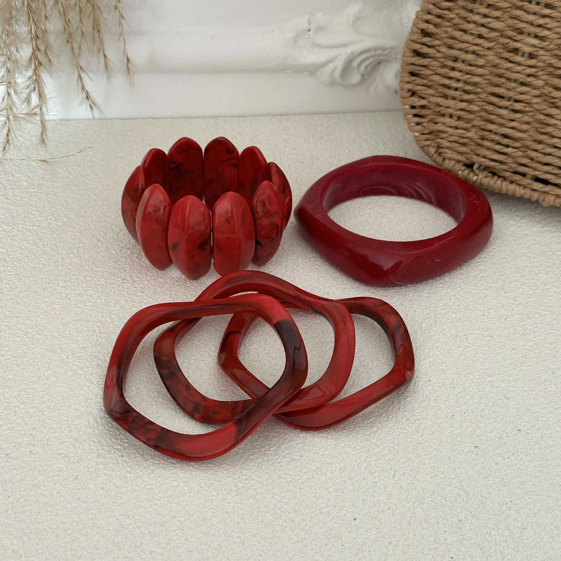 KMVEXO Vintage Wide Geometric Red Resin Acrylic Smudging Bangles Irregular Chunky Bracelets Bangle Jewelry for Women Summer Gift
