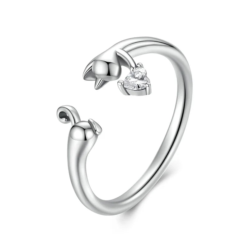 WOSTU 925 Sterling Silver Love Cut Cat Pet Opening Ring For Women Solid s925 Animal Adjustable Rings Gift For daughter Faimly