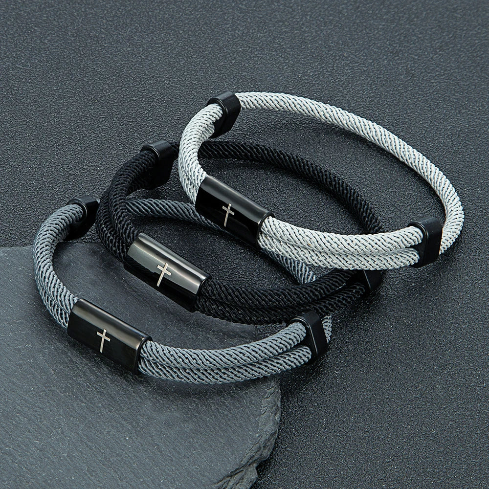 MKENDN Charm Rope Bracelet Cross Black Stainless Steel Bracelets Handmade Men Women Prayer Fitness Chain Couple Jewelry Gift