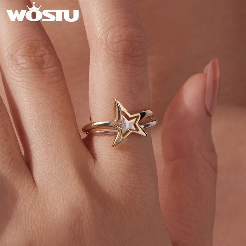 WOSTU Two Tone Gold 925 Sterling Silver Star Stackable Ring For Women , S925 Silver Open Rings Minimalist Unique Jewelry Gift