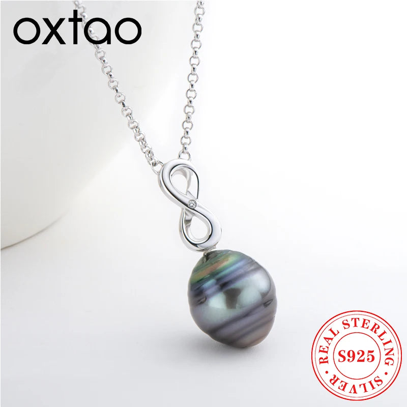OXTAO 11mm Unique Design Baroque Spiral Black Pearl Pendant Necklace For Women 925 Sterling Silver Jewelry Chain Length 40+2+3Cm