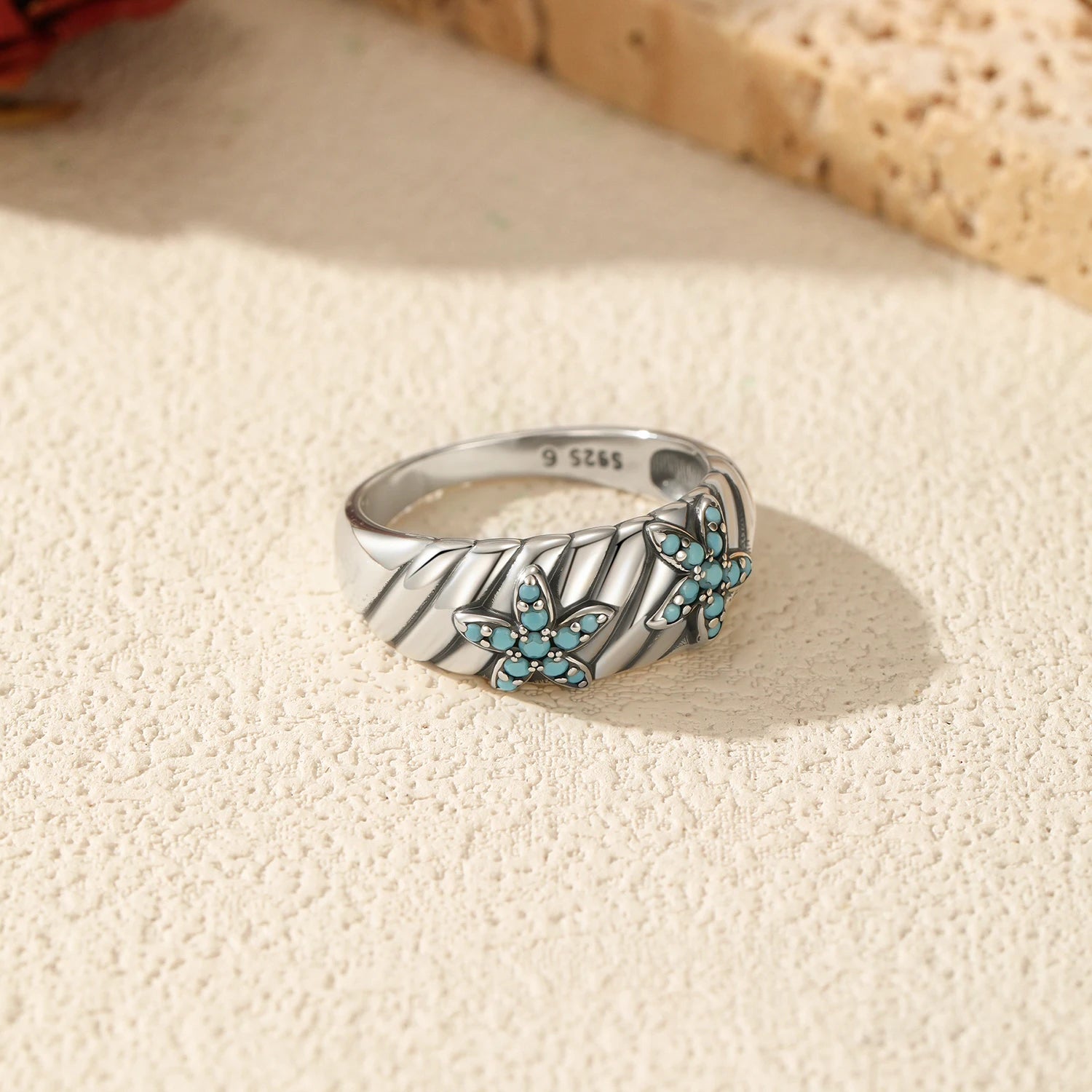 MODIAN 925 Sterling Silver Retro Gully Texture Design Wide Rings Turquoise Starfish Finger Rings For Women Fine Jewelry Gifts