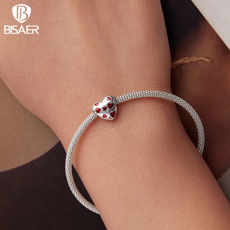 BISAER 925 Sterling Silver Heart Charm Bead Red Enamel Eternal Love Pendant for Women DIY Bracelet & Neckalce Fine Jewelry Gift