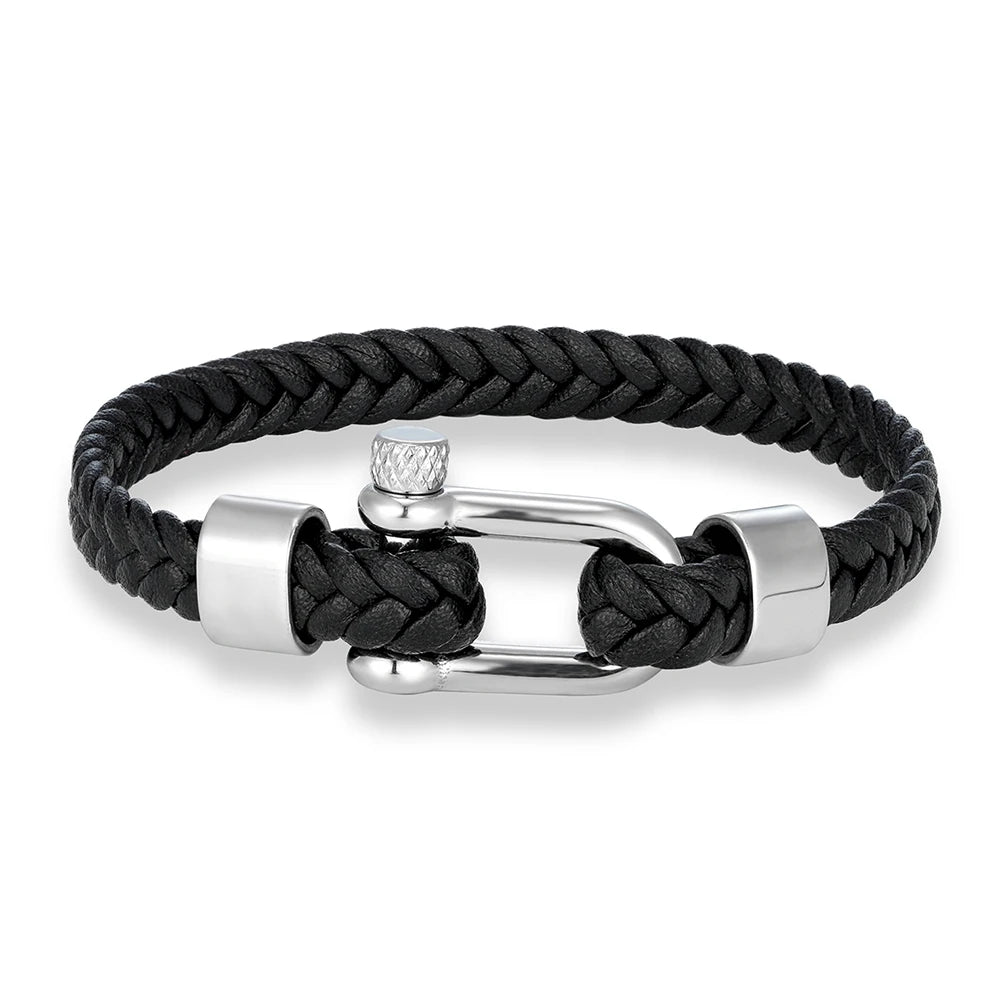 MKENDN Punk Men Braided Black Coffee Leather Bracelet Stainless Steel Shackle Buckle Bracelet Gifts Homme Pulsera
