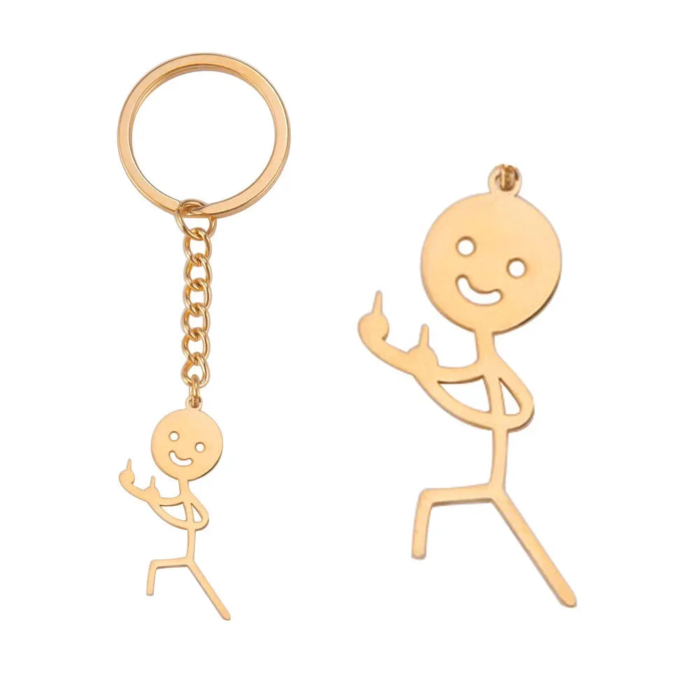 Dreamtimes Funny Doodle Key Chain Graffiti Stainless Steel Middle Finger Stickman Men Pendant Key Rings Jewelry Couples Hip-hop