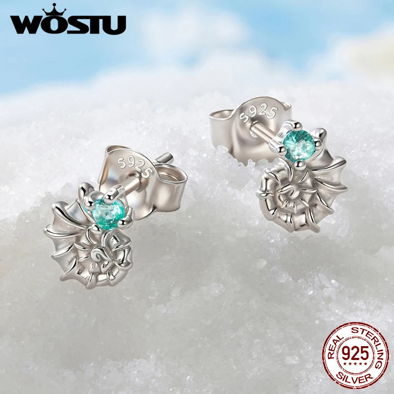 WOSTU Ocean Jewelry 925 Sterling Silver Blue Turtle Green Conch Stud Earrings Women Rainbow Mermaid Ear Hoops Beach Holiday Gift