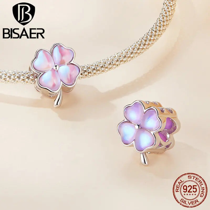 BISAER 100% 925 Sterling Silver Maiden Heart Charm Bead Pendentif Trèfle à Quatre Feuilles Rose Fit Lucky Woman DIY Bracelet Fine Jewelry