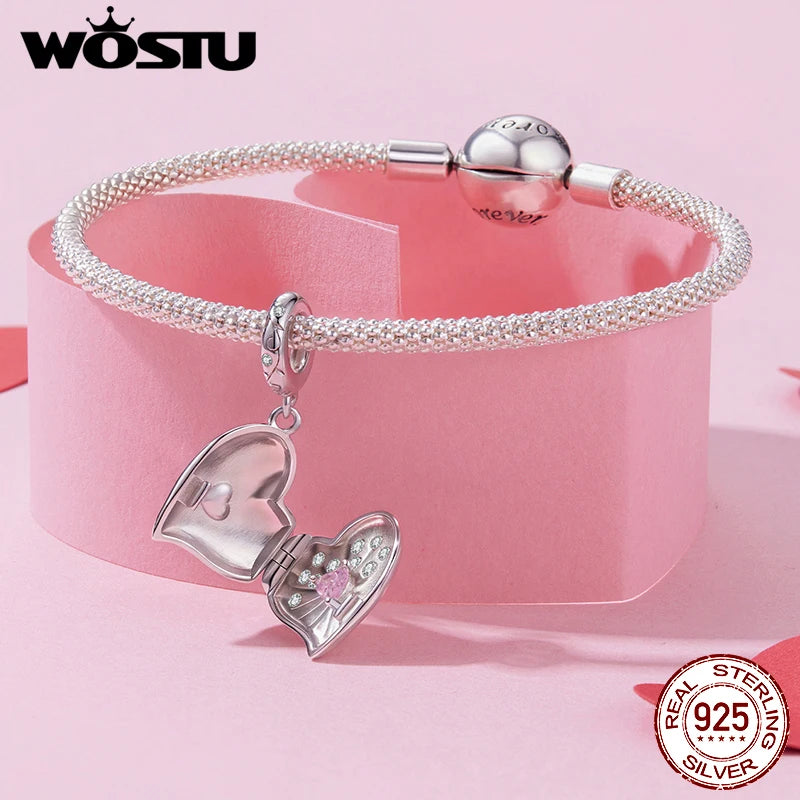 WOSTU Valentine Series 925 Silver Love Heart Charms Key Pendant Murano Glass Bead Fit Bracelet Jewelry Making Gift For Lover Her