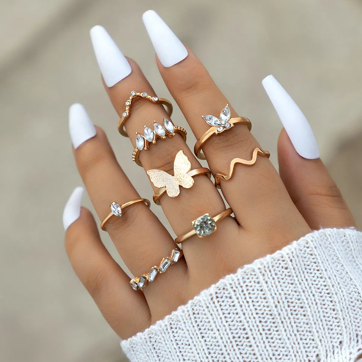 New Crystal Geometric Kunckle Ring Set For Women Colorful Rhinestone Heart Butterfly Snake Wedding Finger Ring Boho Jewelry