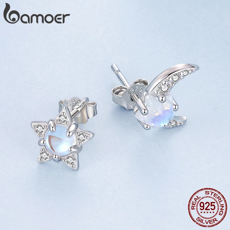 BAMOER 925 Sterling Silber Stern- und Mond-Ohrstecker, Zirkonia-Mondstein-Ohrstecker für Damen, funkelndes Weihnachtsgeschenk