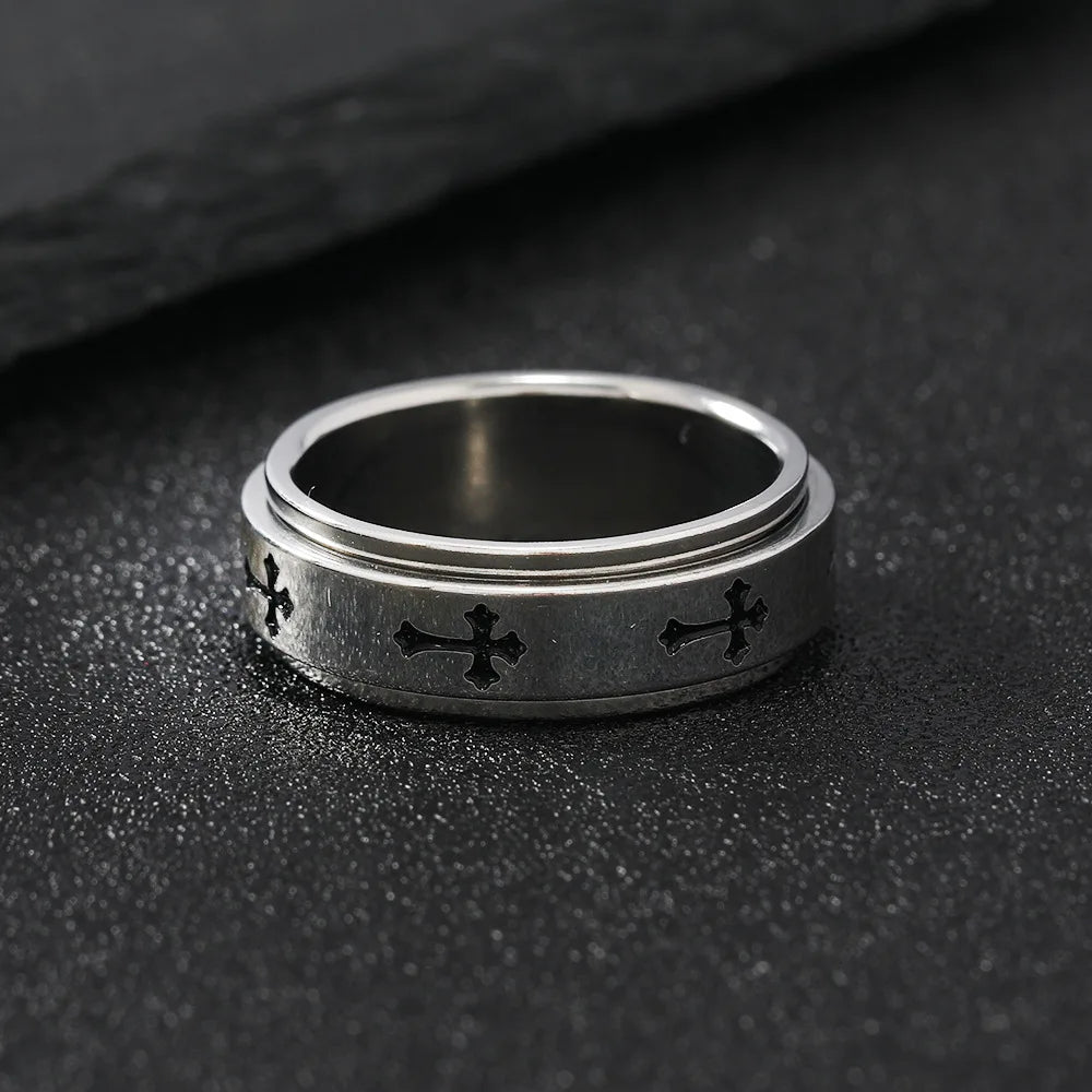Rotatable Metal Cross Ring For Men Women Silver Color Stainless Steel Ring Punk Gothic Simple Accessories Christian Jewelry Gift