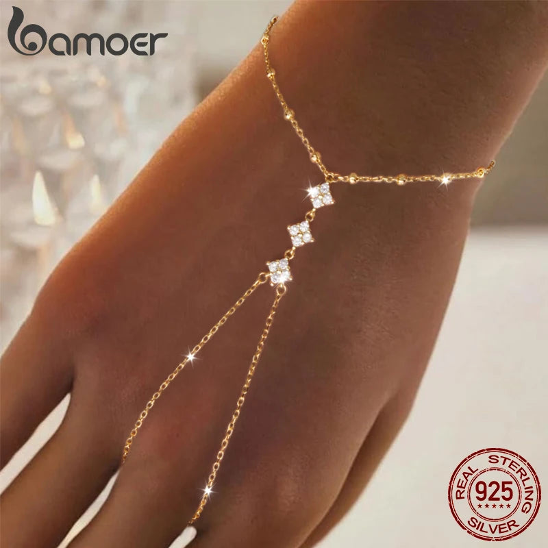 BAMOER 925 Sterling Silver Adjustable Hand Chain Bracelet Four-leaf Clover CZ Finger Ring Link Chain Women Summer Body Jewelry
