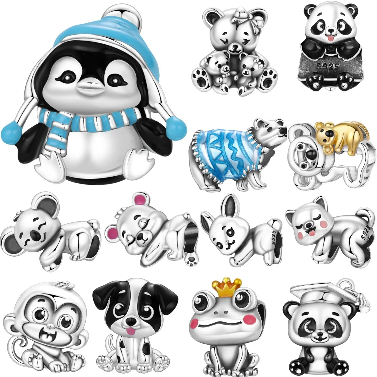 PANPOKI 925 Sterling Silver Blue Hat Penguin Animal Beads Original Pendants Bracelet Charm Jewelry Party DIY Trendy Gifts