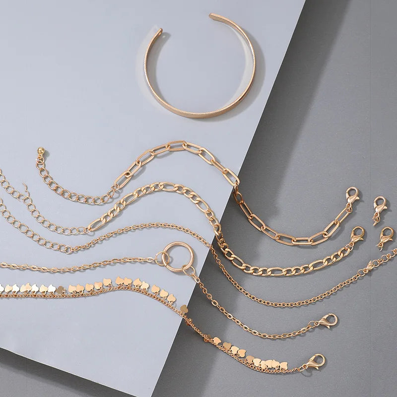 Boho Gold Color Link Chain Bracelet Set For Women Geometric Round Circle Tassel Charm Open Bangle Female Jewelry