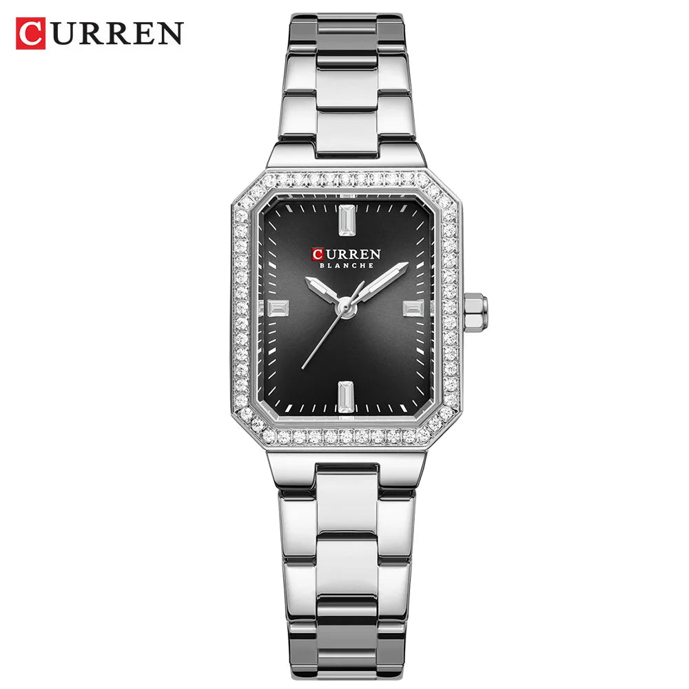 CURREN Luxurious Elegant Women's Watches Classic Rectangular Dial with Rhinestones Luminous Hands Waterproof