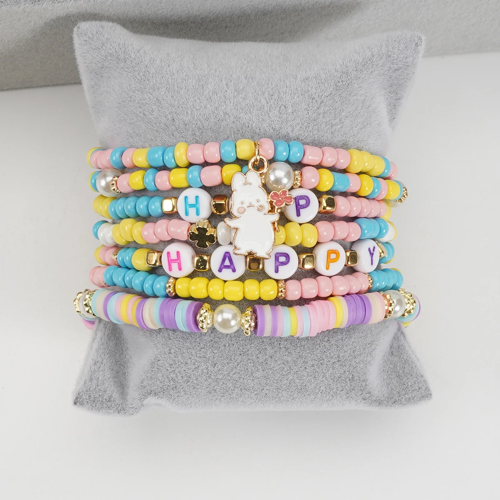 Ensemble de bracelets de Pâques colorés, empilables, en argile, extensibles, perles, style bohème, disques en vinyle, pour femmes