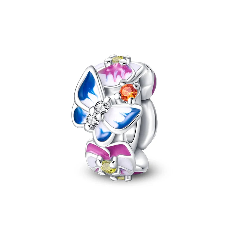 Charms 925 Silver Butterfly Flowers Colorful Zircon Silicone Spacer Beads Fit Pandach 925 Original Bracelets Fine DIY Jewelry