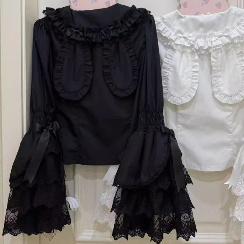 Japanese Sweet Lolita Style Blouses Women Cute Lace Peter Pan Collar Bow Flare Long Sleeve Gothic Shirts Female Kawaii Y2k Tops