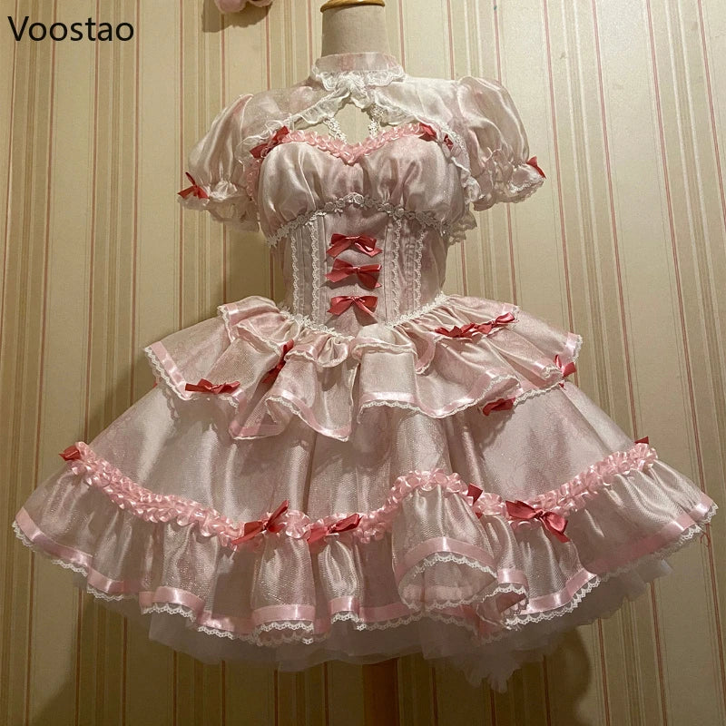 Sweet Lolita Princess Dress Women Sweet Bowknot Ruffles Evening Party Mini Dresses Japanese Harajuku Vintage Kawaii Y2k Vestidos