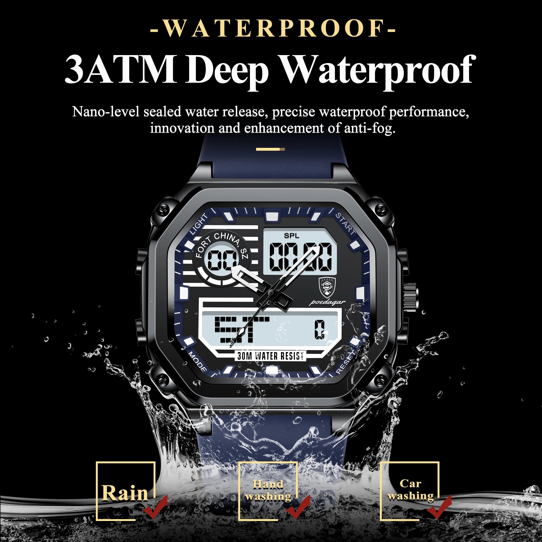 POEDAGAR Sports LED Men Watch Waterproof Luminous Week Date Square Man Wristwatch Silicone Strap Electronic Quartz Men's Watches